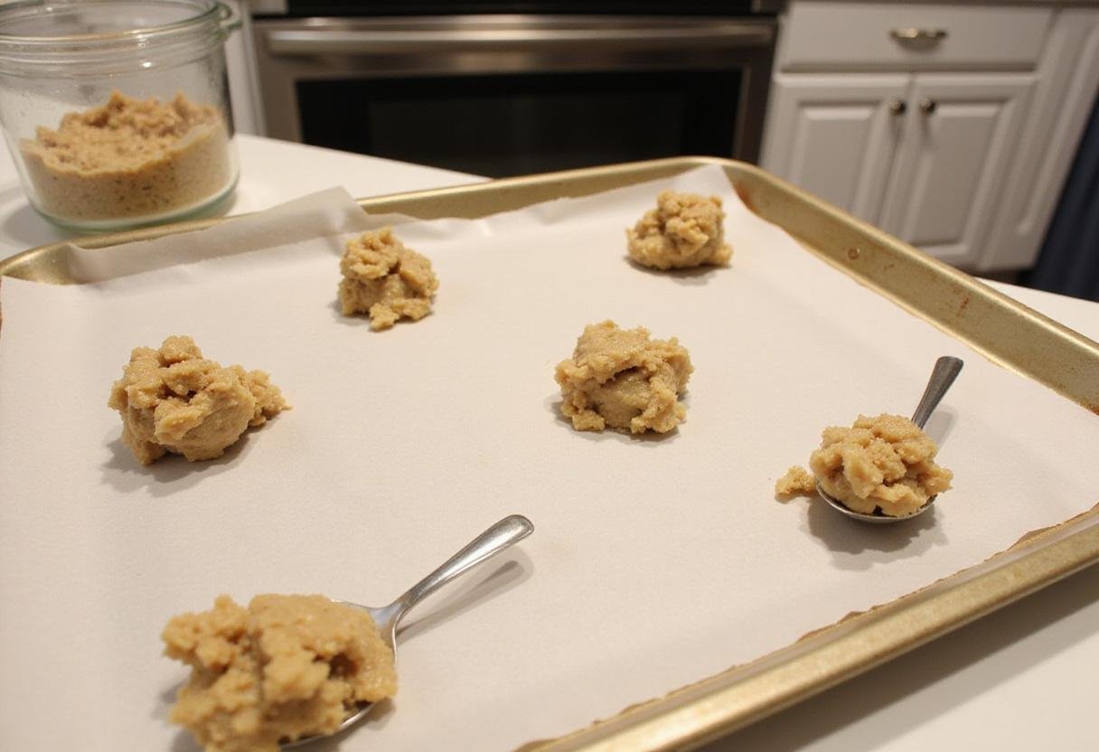 Scooping cookie dough onto a baking sheet for strawberry cheesecake cookies, a well-lit kitchen table with parchment paper and a glimpse of the oven.