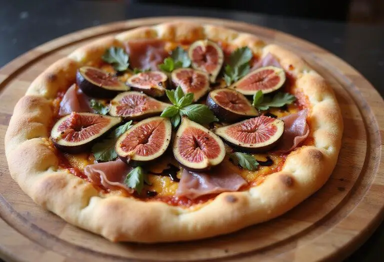 Delicious fig and prosciutto pizza served on a wooden board, showcasing its vibrant colors and textures.