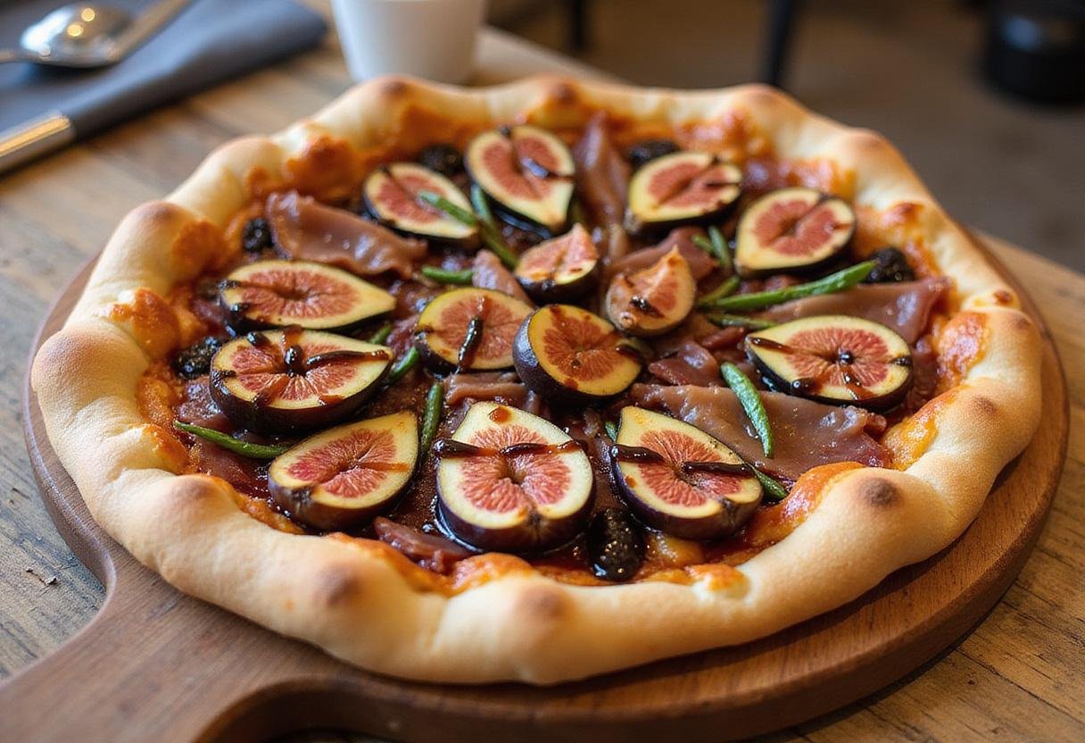 Delicious fig and prosciutto pizza served on a wooden board, showcasing its vibrant colors and textures.