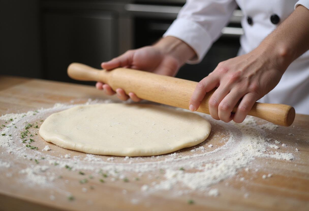 Making fig and prosciutto pizza dough on a wooden surface with fresh herbs.