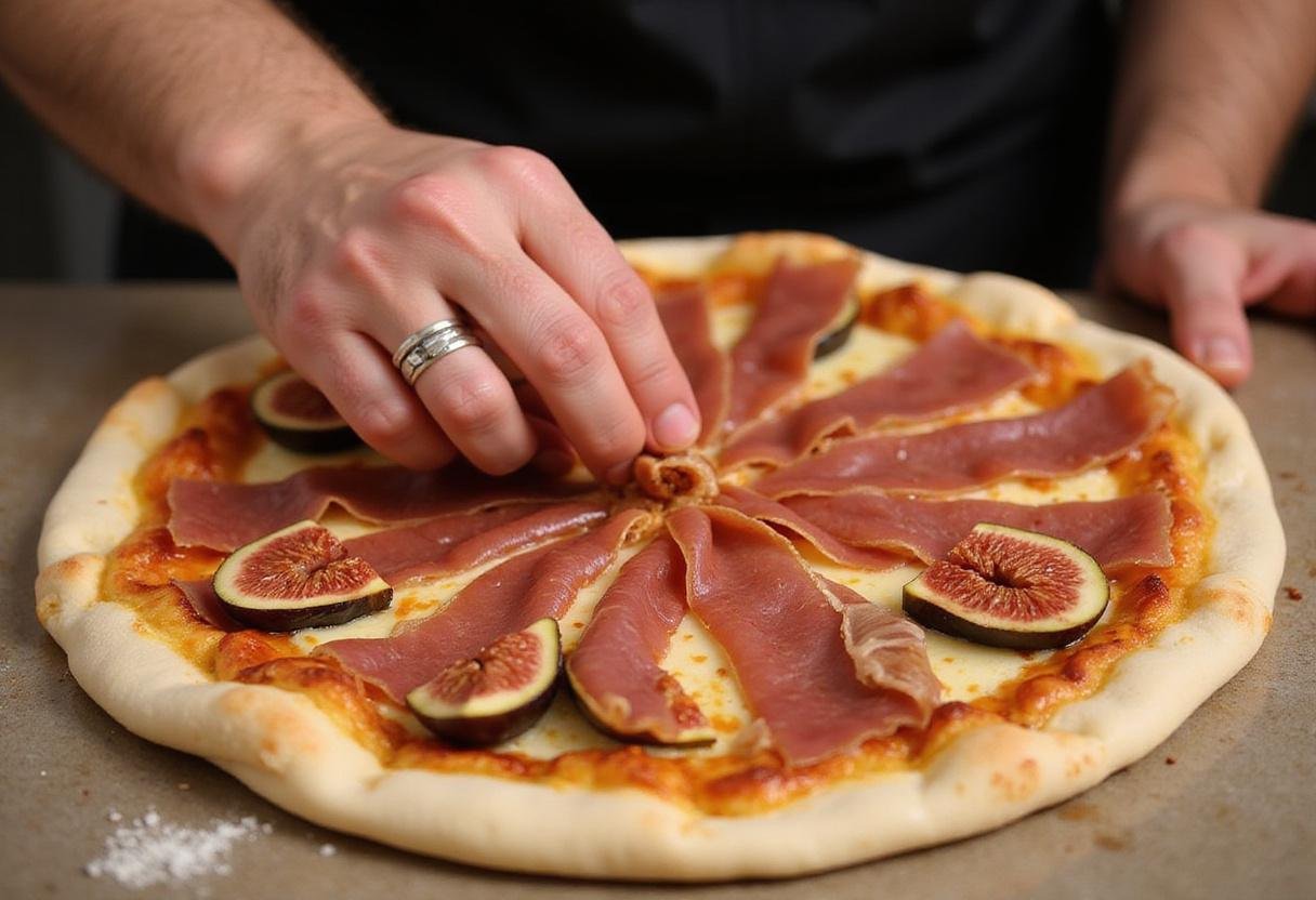 Adding prosciutto slices to fig and prosciutto pizza for a perfect savory balance.