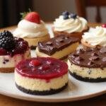 Variety of flavored cheesecakes on display, showcasing blackberry cheesecake, chocolate chip cheesecake, cranberry cheesecake, jello cheesecake, and mascarpone cheesecake.