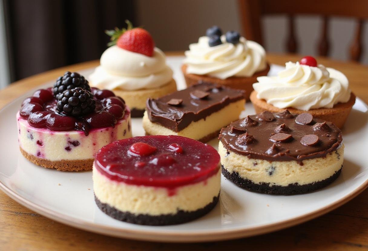 Variety of flavored cheesecakes on display, showcasing blackberry cheesecake, chocolate chip cheesecake, cranberry cheesecake, jello cheesecake, and mascarpone cheesecake.