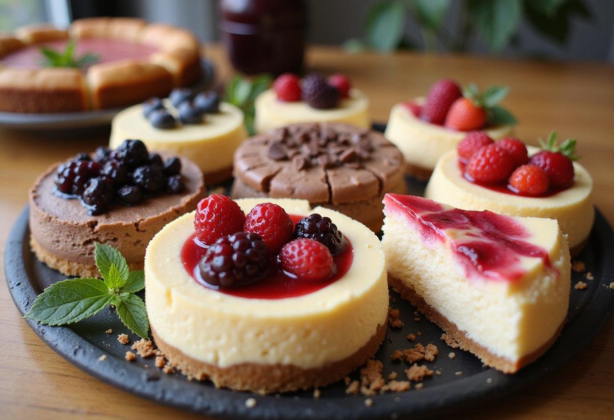 Variety of flavored cheesecakes on display, showcasing blackberry cheesecake, chocolate chip cheesecake, cranberry cheesecake, jello cheesecake, and mascarpone cheesecake.