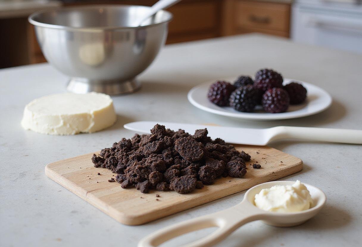 Fresh ingredients for blackberry cheesecake including cream cheese and blackberries on a kitchen counter.