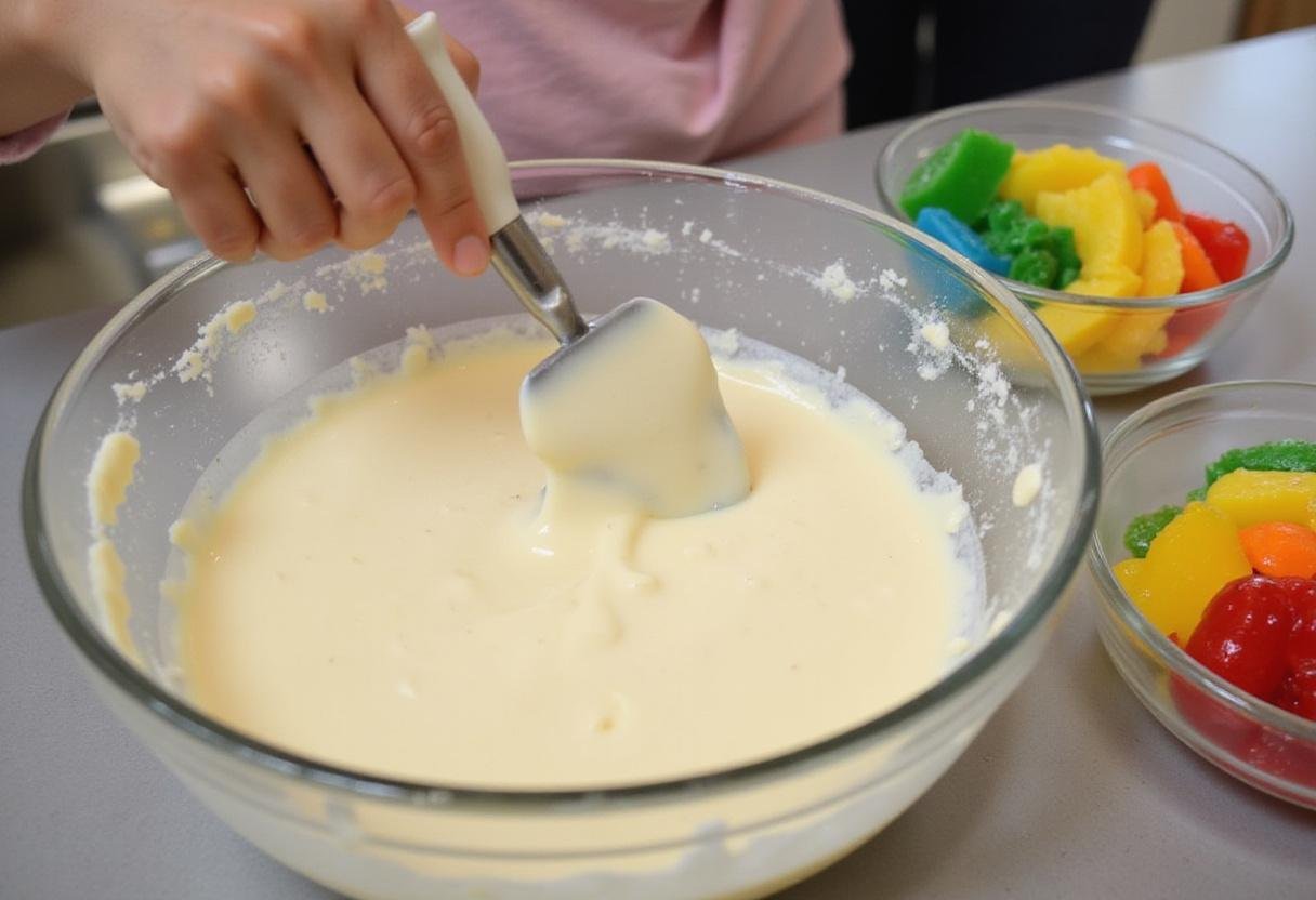Mixing a creamy cheesecake filling surrounded by jello layers for jello cheesecake variety.