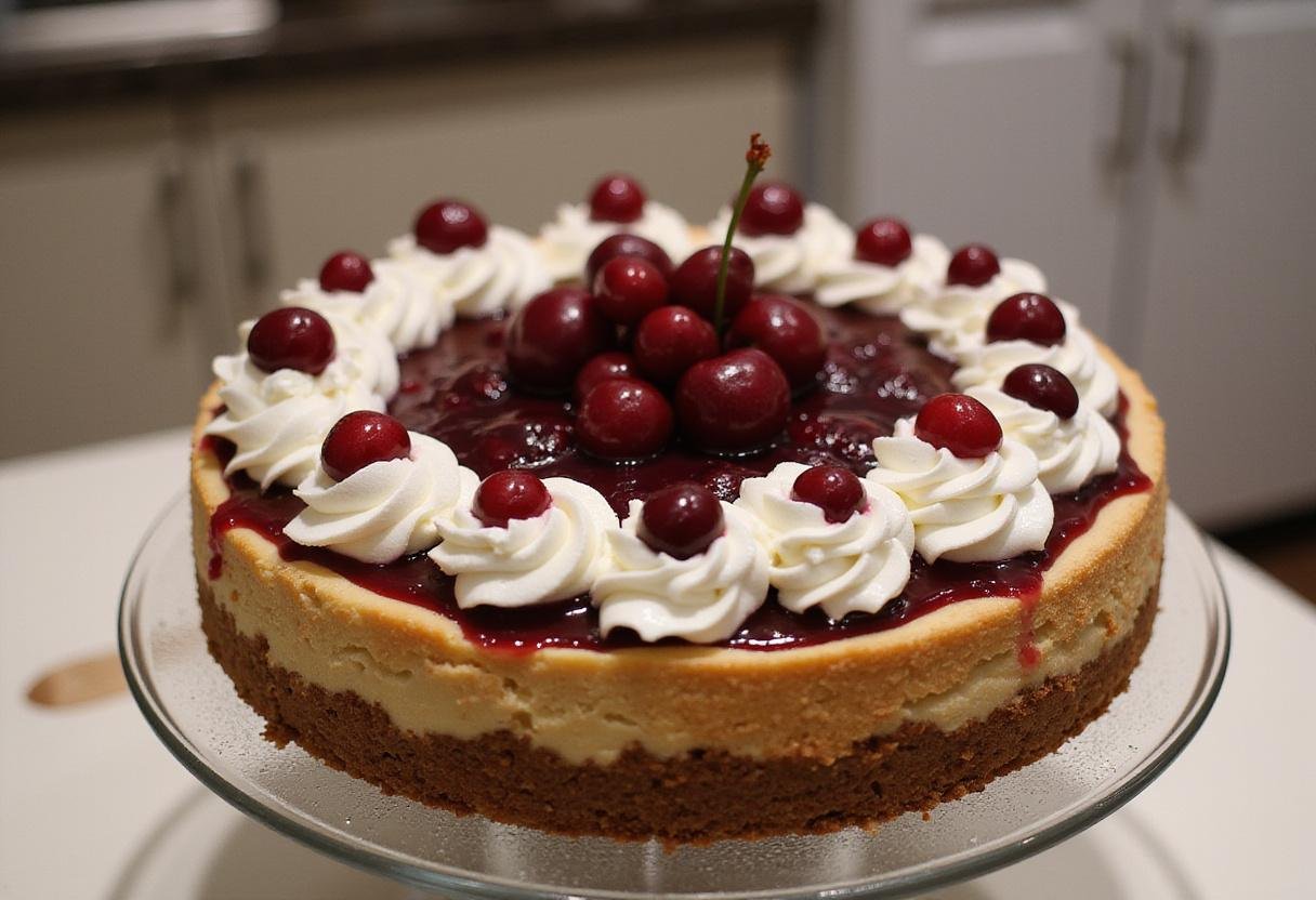 Final presentation of a delicious no-bake cherry cheesecake, garnished with cherries and cream.