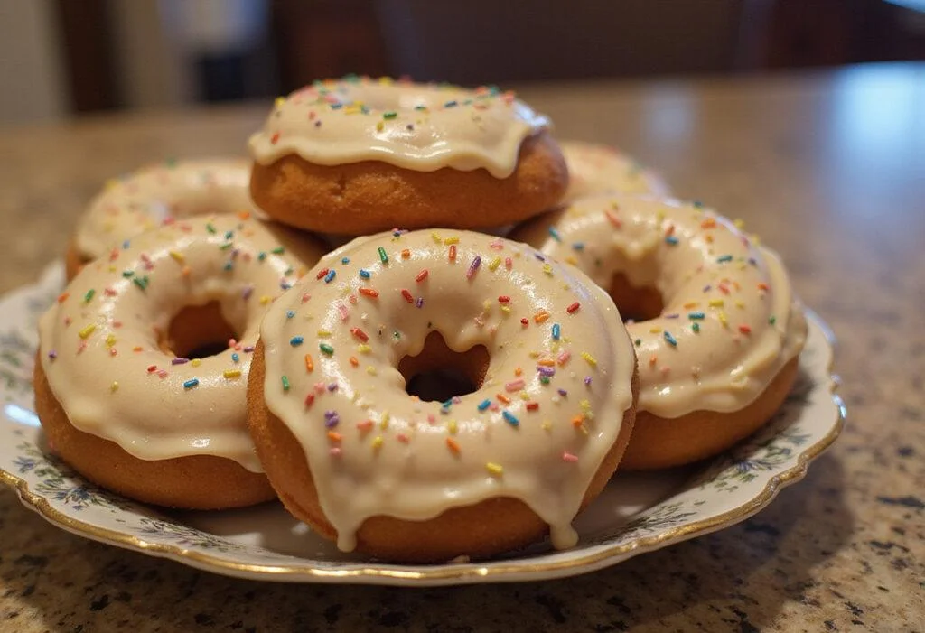 Delicious Floo Powder Frosted Butterbeer Donuts beautifully glazed and sprinkled with glitter, presented in a charming kitchen, capturing the magic of baking.
