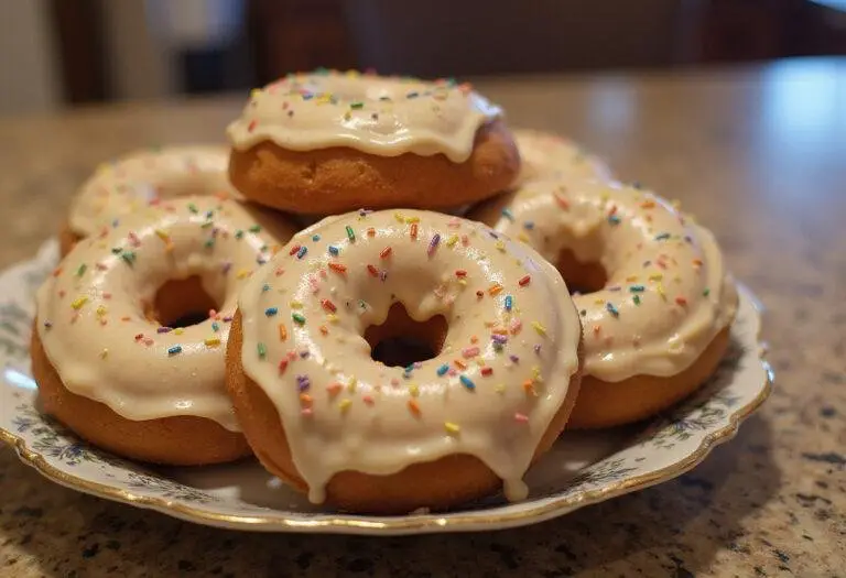 Delicious Floo Powder Frosted Butterbeer Donuts beautifully glazed and sprinkled with glitter, presented in a charming kitchen, capturing the magic of baking.