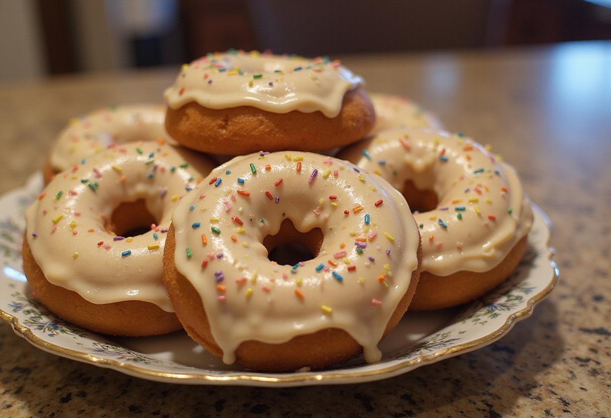 Delicious Floo Powder Frosted Butterbeer Donuts beautifully glazed and sprinkled with glitter, presented in a charming kitchen, capturing the magic of baking.