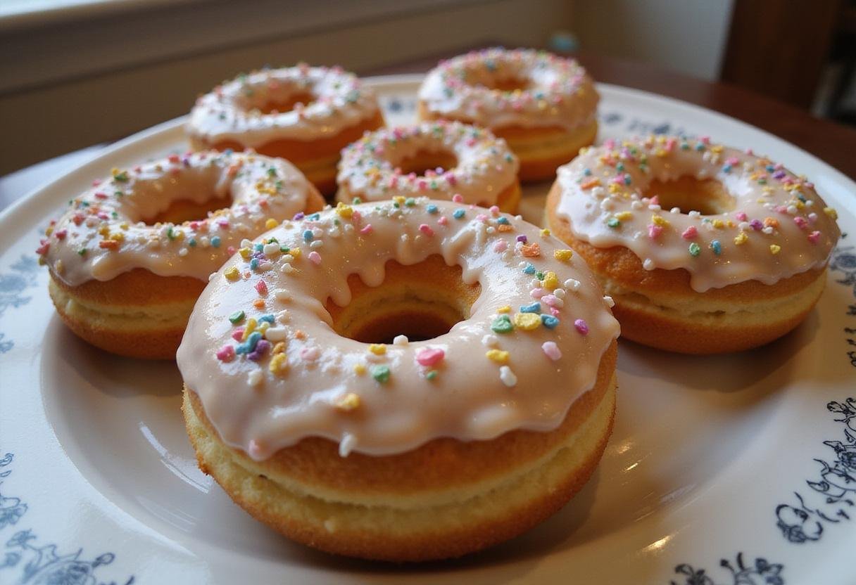 Delicious Floo Powder Frosted Butterbeer Donuts beautifully glazed and sprinkled with glitter, presented in a charming kitchen, capturing the magic of baking.