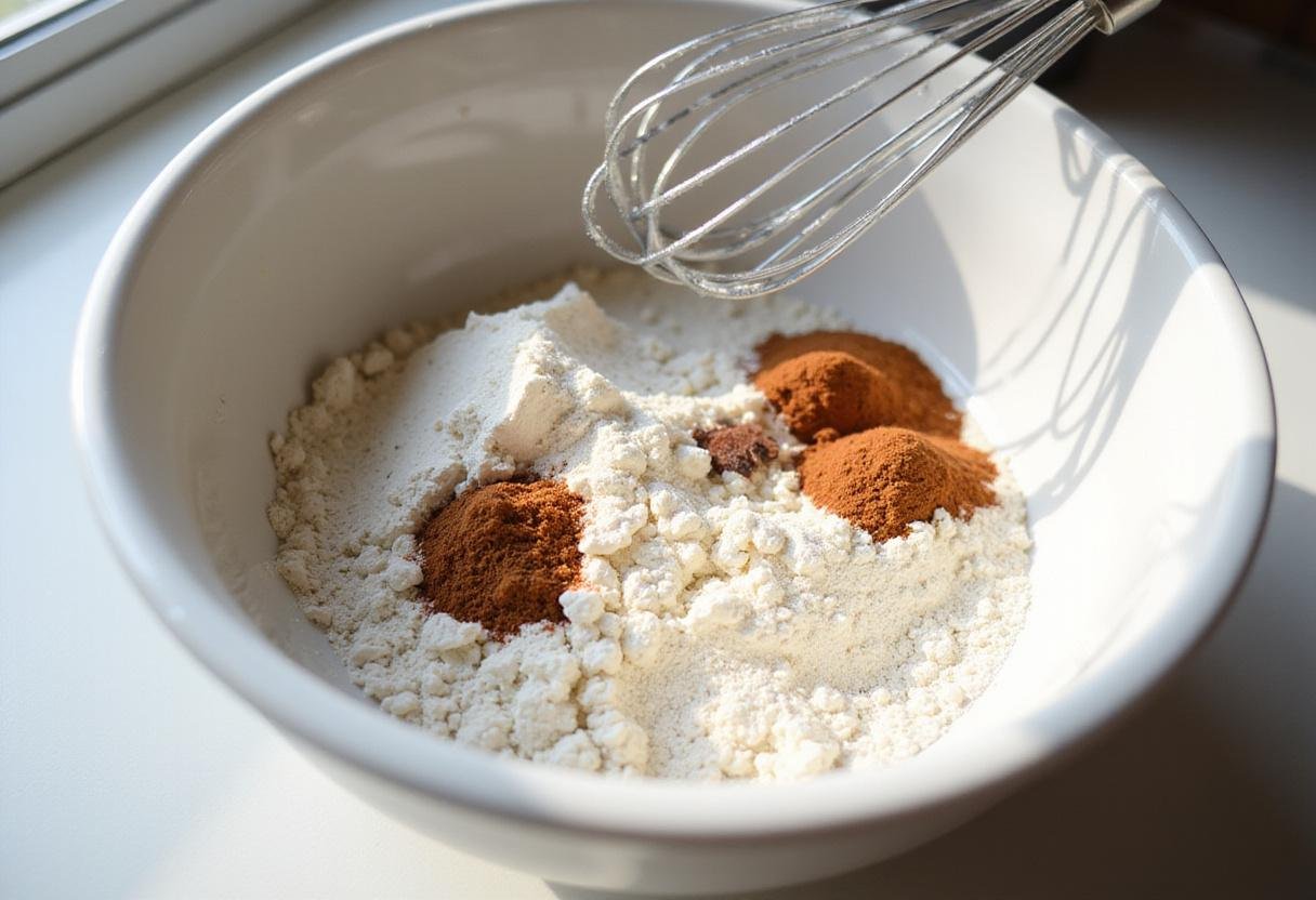 Mixing dry ingredients for Floo Powder Frosted Butterbeer Donuts with flour and spices in a bright kitchen setting.