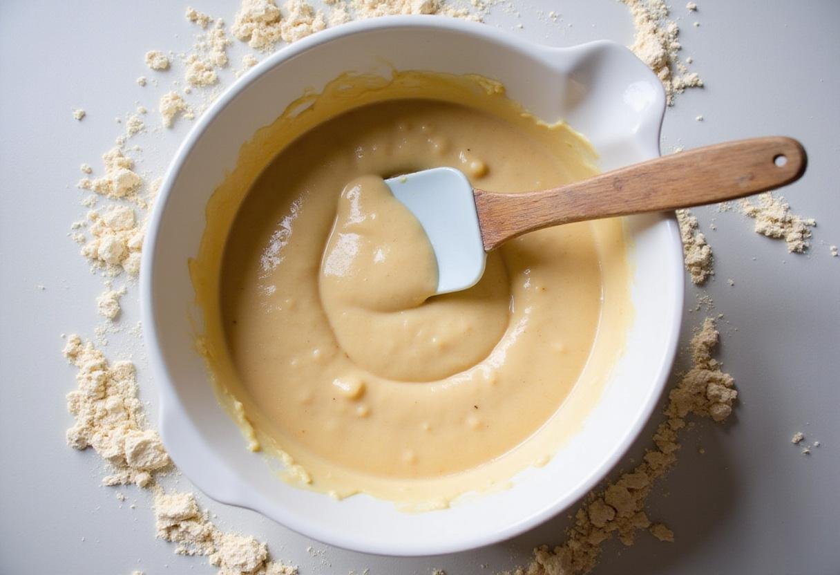 Thick donut batter for Floo Powder Frosted Butterbeer Donuts in a mixing bowl, highlighting the baking process with hints of flour.