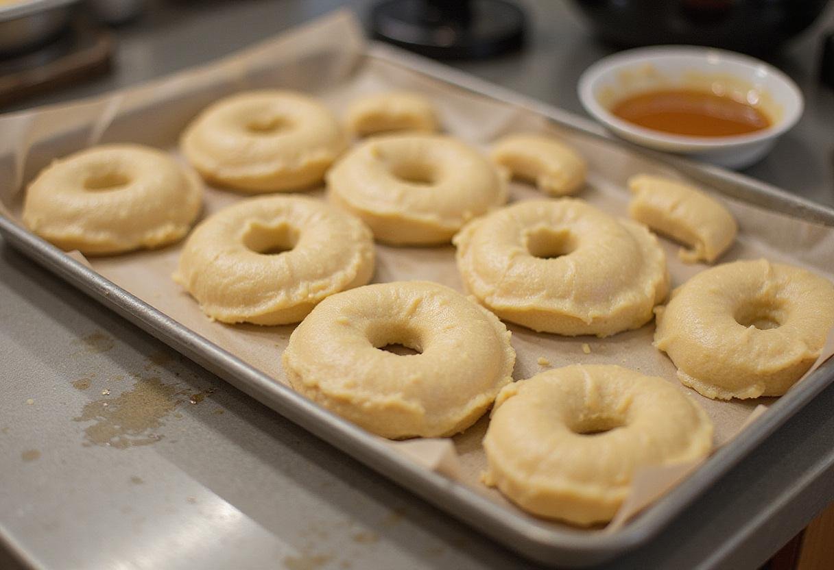 Raw Floo Powder Frosted Butterbeer Donuts shaped and ready for baking, showcasing a traditional kitchen baking setup.