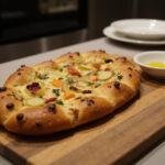 Delicious baked focaccia bread with colorful toppings, focaccia bread art display, focaccia best way to eat, focaccia bread toppings presentation, focaccia di recco finished product.