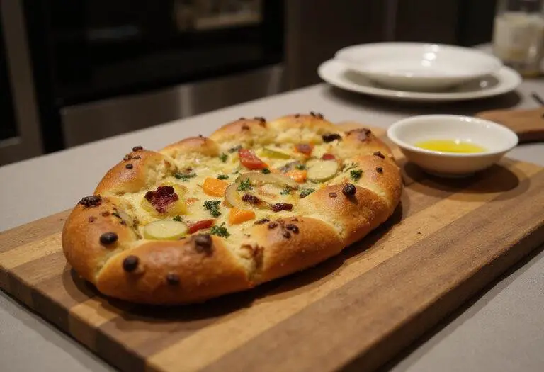 Delicious baked focaccia bread with colorful toppings, focaccia bread art display, focaccia best way to eat, focaccia bread toppings presentation, focaccia di recco finished product.