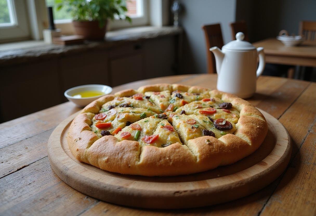 Delicious baked focaccia bread with colorful toppings, focaccia bread art display, focaccia best way to eat, focaccia bread toppings presentation, focaccia di recco finished product.