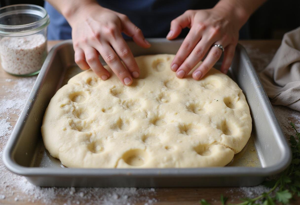 Shaping focaccia dough in a pan, focaccia bread art technique, adding focaccia toppings, what is the best way to eat focaccia bread, focaccia best way to eat preparations.