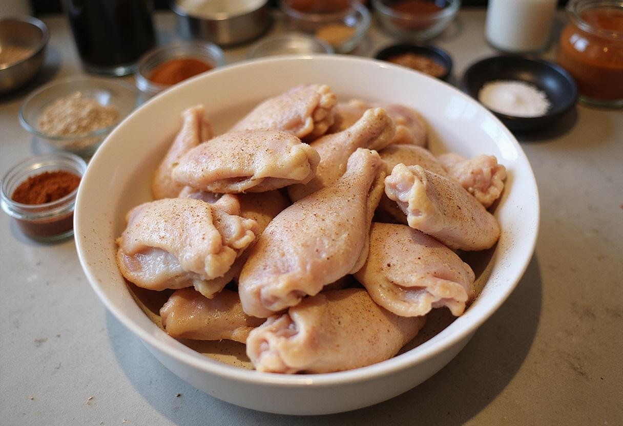 Frozen chicken wings in air fryer with seasonings, preparing frozen chicken wings for air frying.
