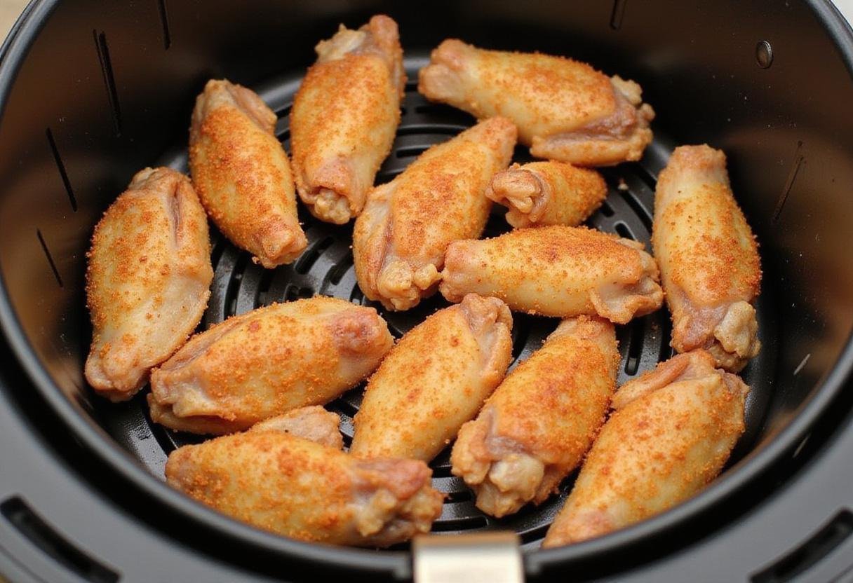 Frozen chicken wings in air fryer basket, preparing to cook air fryer frozen chicken wings for crispy texture.