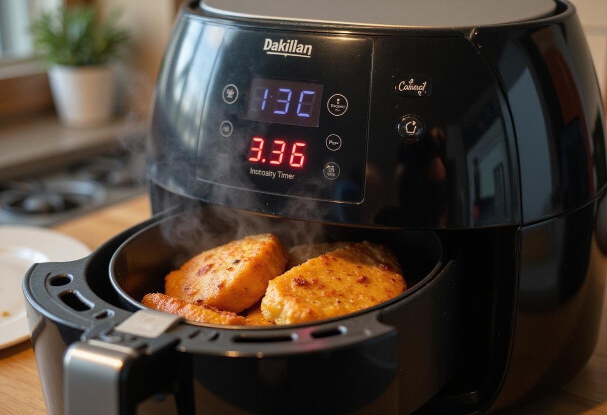 Air fryer in action with frozen chicken wings, illustrating the cooking process of crispy frozen chicken wings.