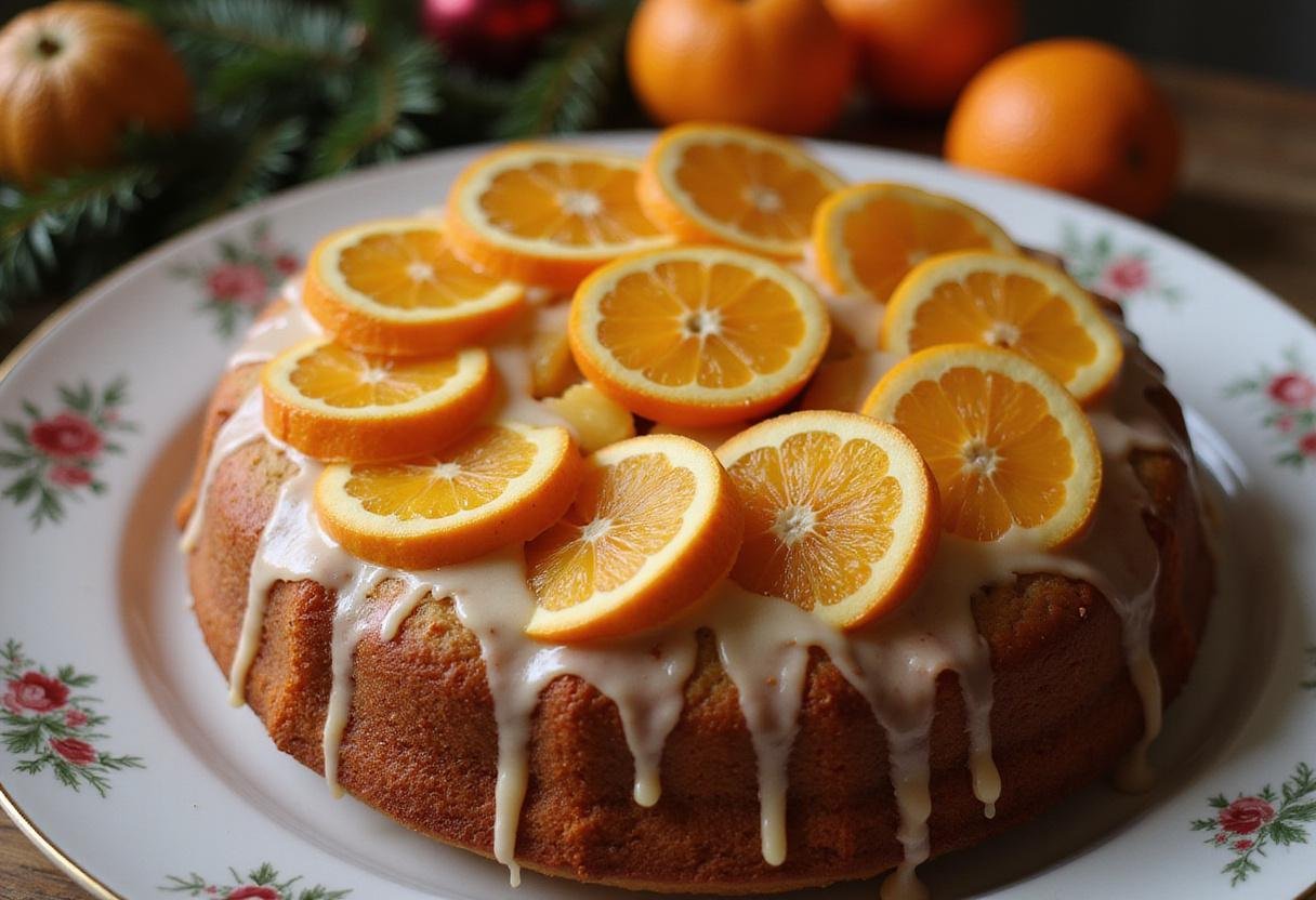 Final presentation of a delicious fruit cake mix creation, featuring a beautiful orange cake topped with mandarin oranges, ideal for celebrations.