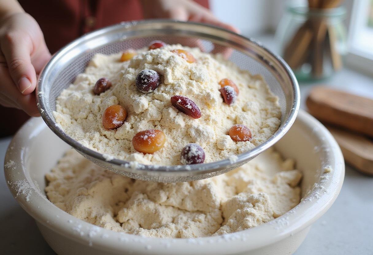 Fruit cake mix preparation in a bright kitchen, showcasing the colorful dried fruit pieces for delicious fruit cake mix creations.