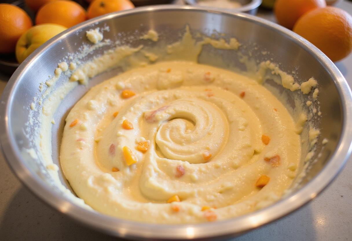 Well-mixed batter for fruit cake mix creations, highlighting the inclusion of mandarin oranges for extra flavor and appeal.