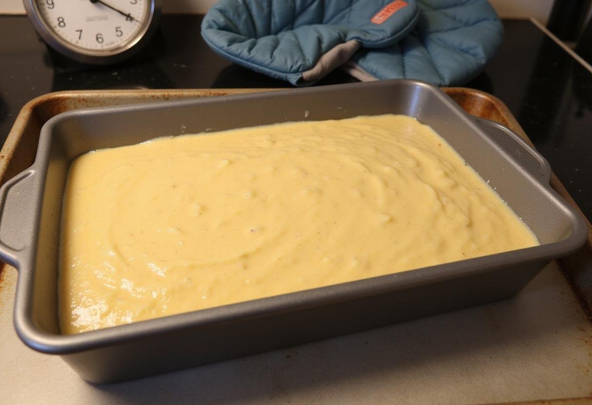 Preparing an orange fruit cake mix for baking, capturing the anticipation of delicious cake with mandarin orange flavor.