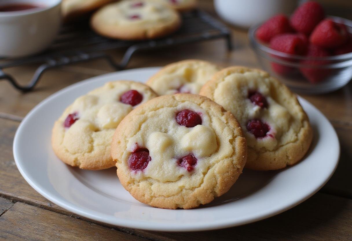 Deliciously baked fruity white chocolate cookies displayed on a plate, perfect for enjoying as a tasty snack or dessert.