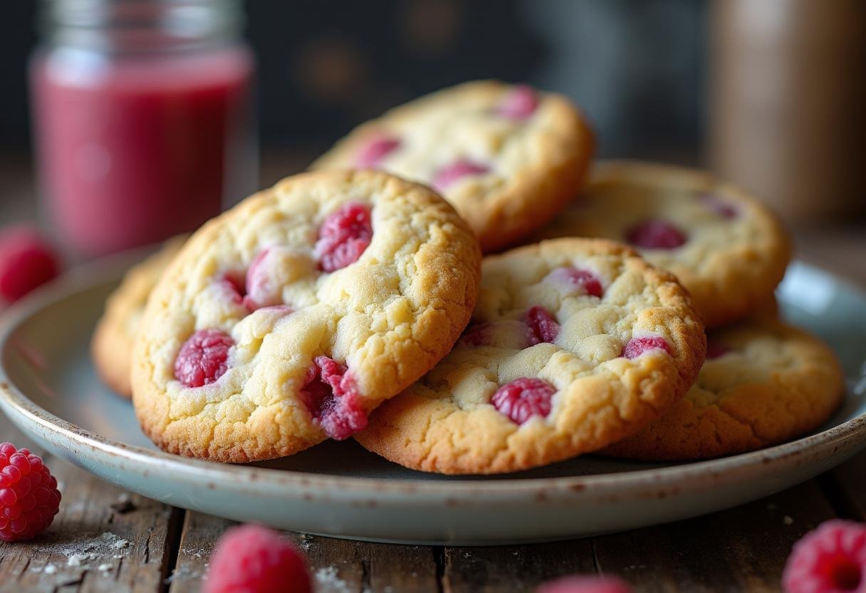 Deliciously baked fruity white chocolate cookies displayed on a plate, perfect for enjoying as a tasty snack or dessert.