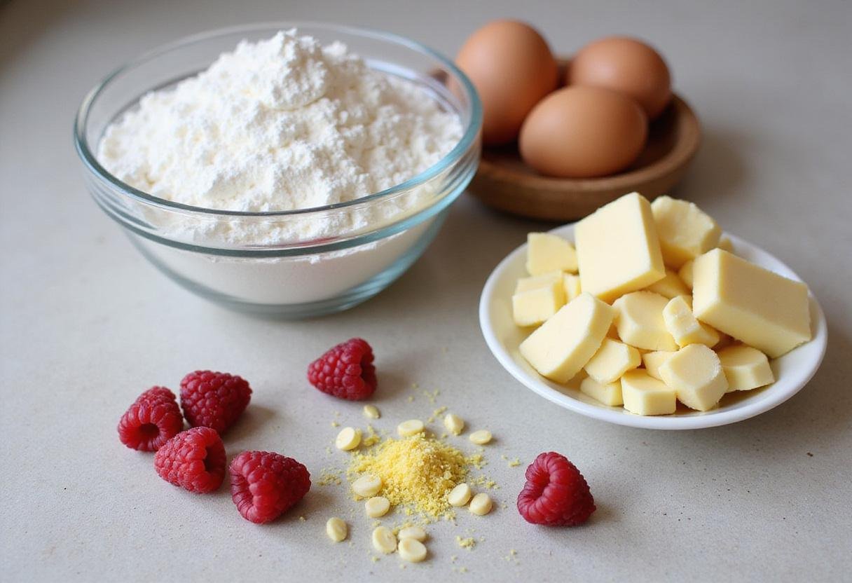 Fruity white chocolate cookies ingredients, including white chocolate chips and fresh raspberries for delicious raspberry white chocolate cookies.