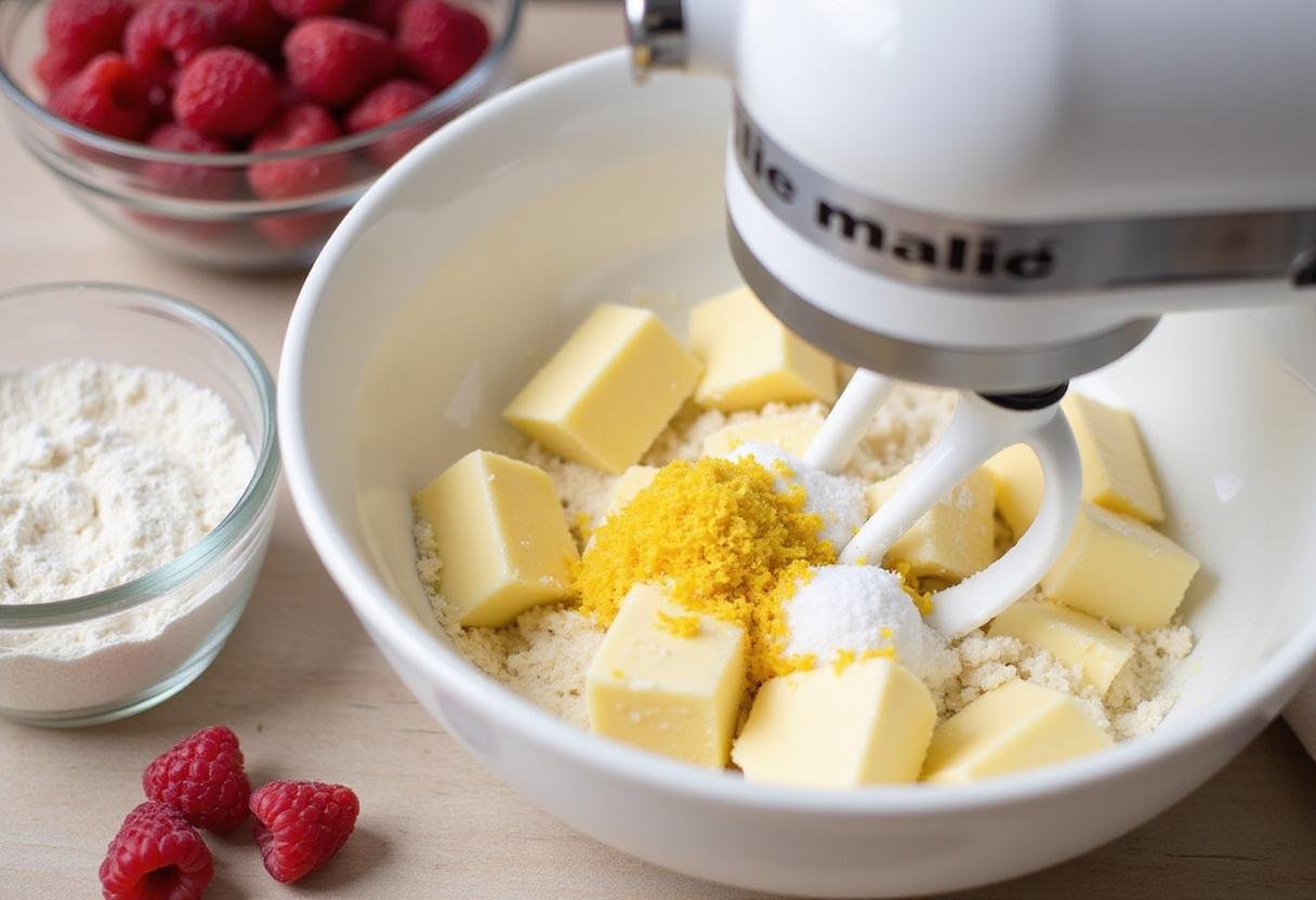Mixing the creamed butter and sugar for raspberry white chocolate cookies, perfect for lemon cookies recipes.