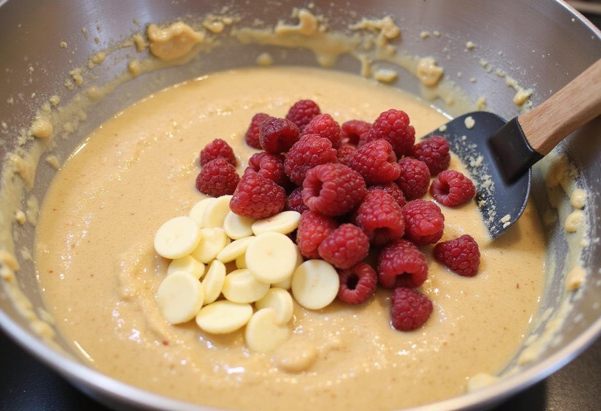 Folding in white chocolate chips and raspberries into the cookie batter for delicious lemon white chocolate cookies.
