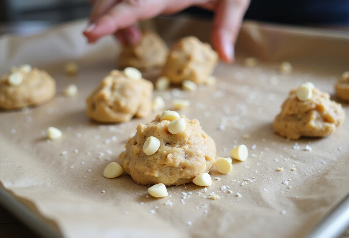 Lining up spoonfuls of cookie dough for baking white chocolate raspberry cookies, creating a delightful treat.