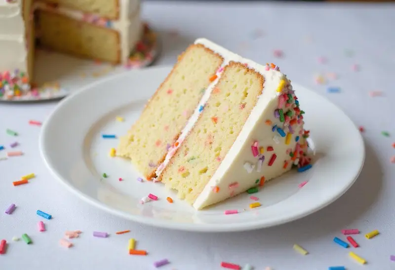 A delicious slice of cake mix funfetti cake, perfect for birthday celebrations, showcasing vibrant colors and delightful flavors.