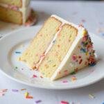 A delicious slice of cake mix funfetti cake, perfect for birthday celebrations, showcasing vibrant colors and delightful flavors.
