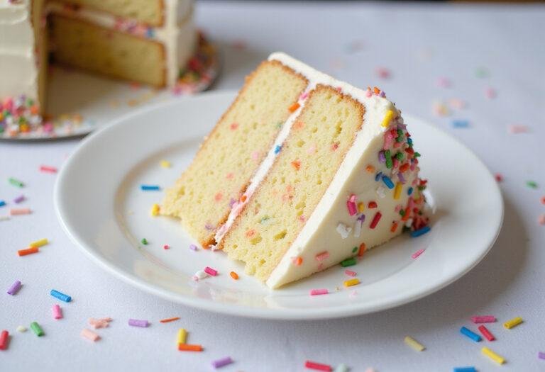 A delicious slice of cake mix funfetti cake, perfect for birthday celebrations, showcasing vibrant colors and delightful flavors.