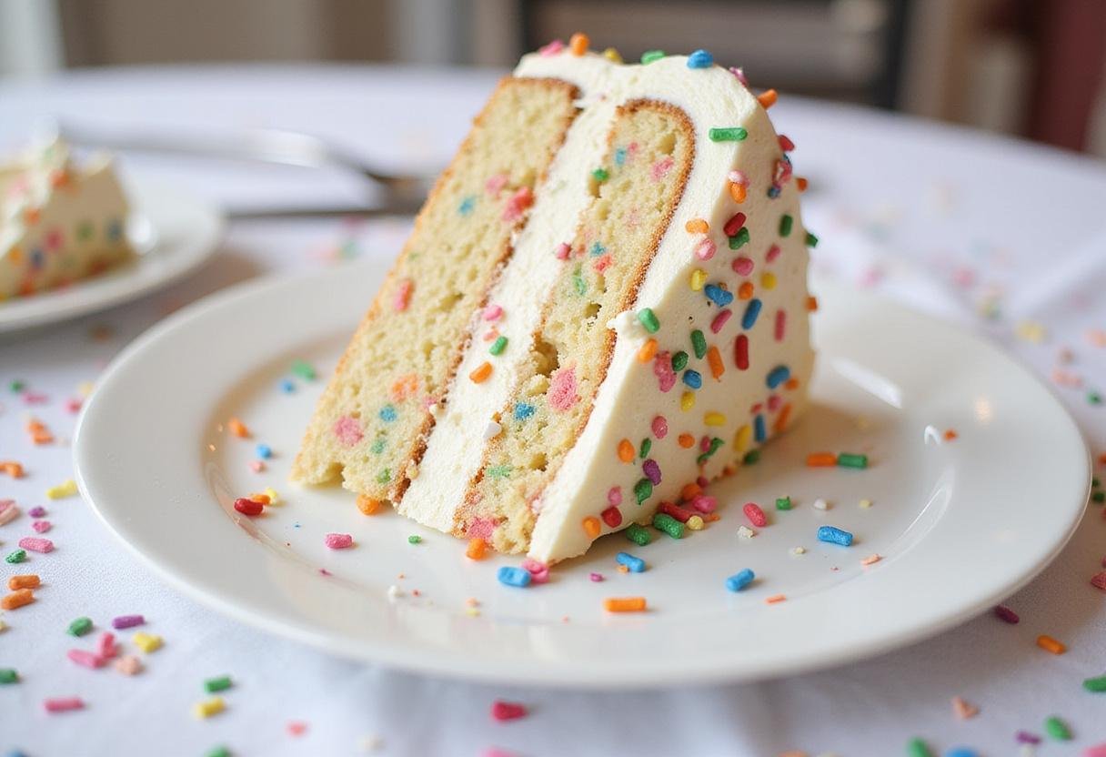 A delicious slice of cake mix funfetti cake, perfect for birthday celebrations, showcasing vibrant colors and delightful flavors.