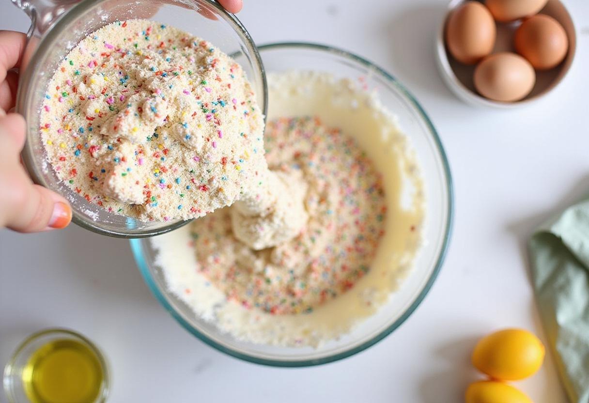 Colorful funfetti cake mix being prepared for a delicious cake from a cake mix recipe, ideal for birthday parties or celebrations.