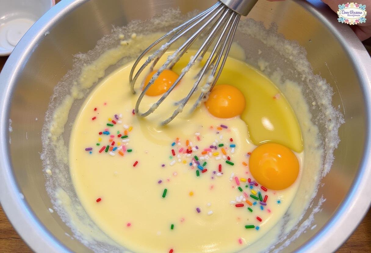 Mixing funfetti cake batter with vibrant sprinkles, perfect for an easy cake mix funfetti cake recipe that everyone loves.