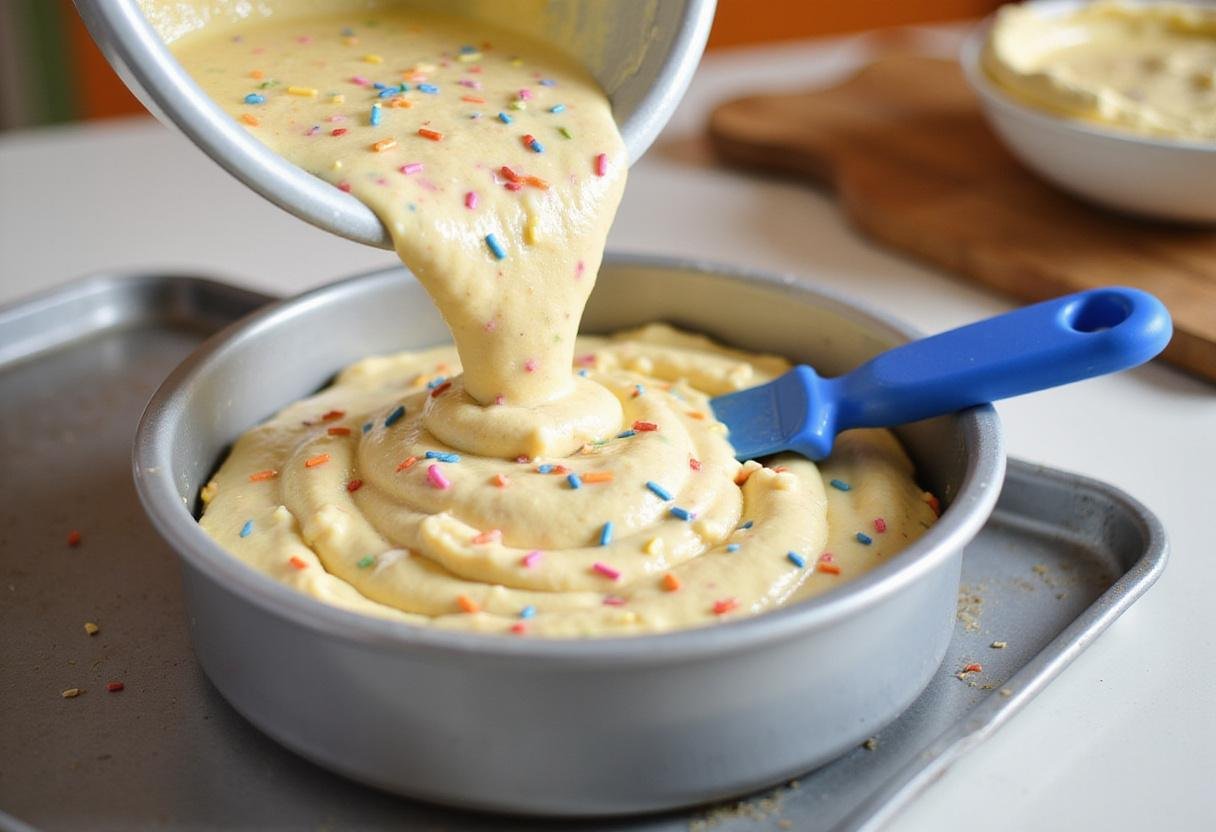 Pouring funfetti cake batter into a cake pan for baking, a simple yet delightful process for a homemade cake mix funfetti cake.