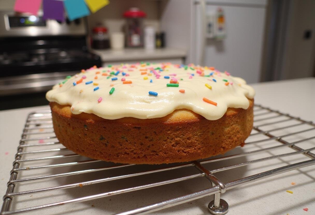 A cooling funfetti cake from cake mix, beautifully frosted and ready for celebration, a perfect treat for everyone.