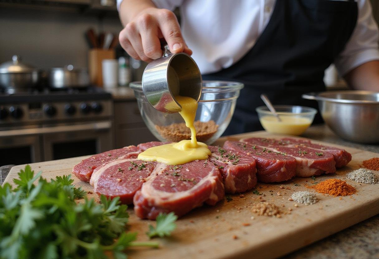 Garlic butter steak bites air fryer preparation with a chef mixing garlic butter and seasonings for marinating steak.