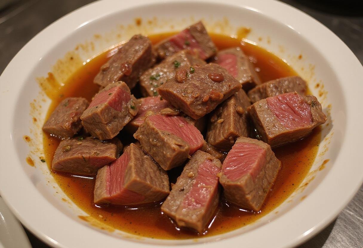 Coating steak chunks in garlic butter mixture for garlic butter steak bites air fryer recipe showcasing flavor infusion.