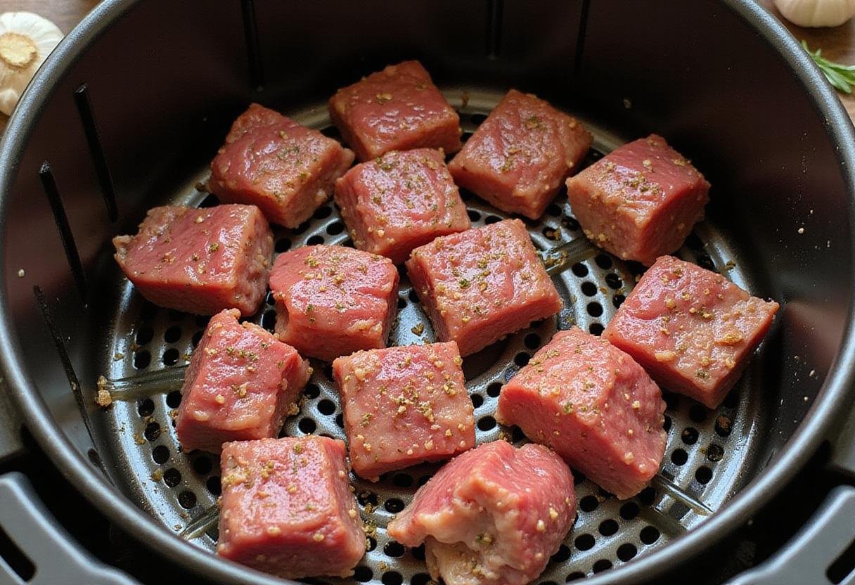 Arranging garlic butter steak bites in the air fryer basket for a delicious, easy cooking method.