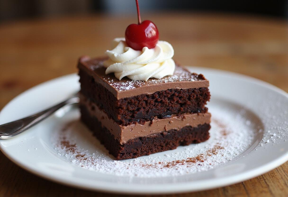 Indulgent Ghirardelli cake slice served with whipped cream and cherry, an irresistible treat for dessert lovers.