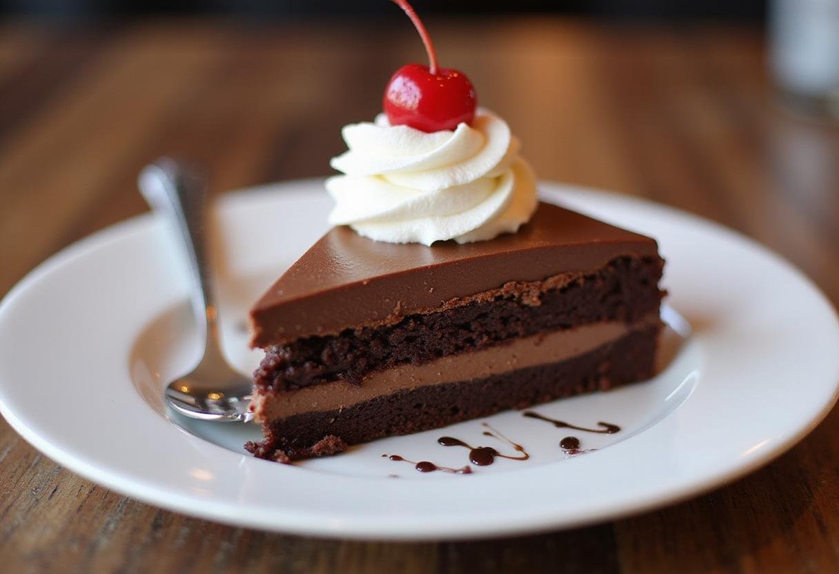 Indulgent Ghirardelli cake slice served with whipped cream and cherry, an irresistible treat for dessert lovers.