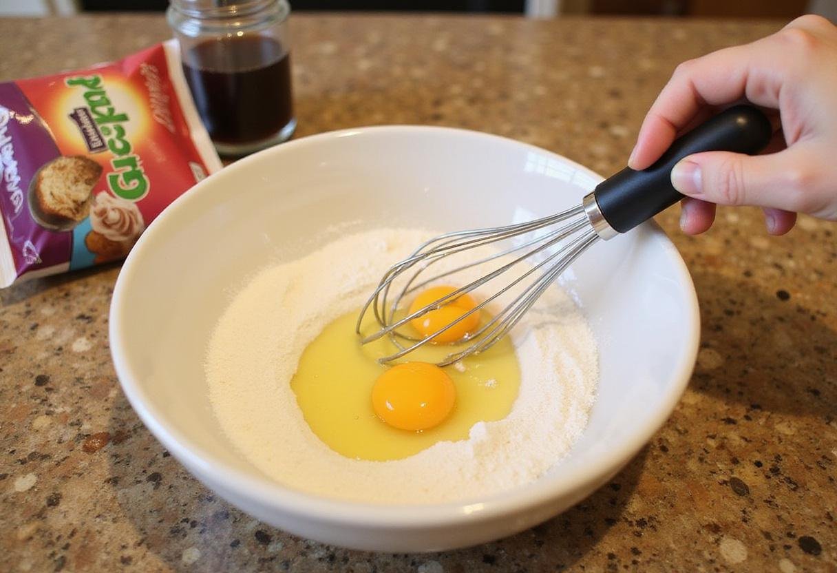 Whisking Ghirardelli cake mix with eggs and water to create a rich batter for tantalizing desserts.