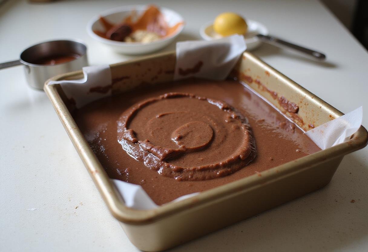 Prepared baking pan filled with Ghirardelli chocolate cake batter, ready to go into the oven for delicious desserts.